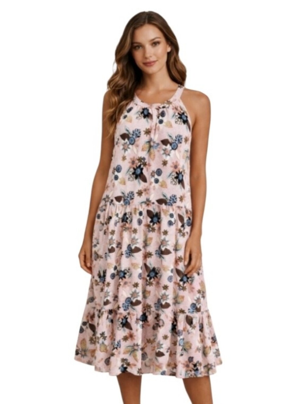 NWOT LOFT Pink Floral Sleeveless Halter Tiered Swing MIDI Dress Size 14